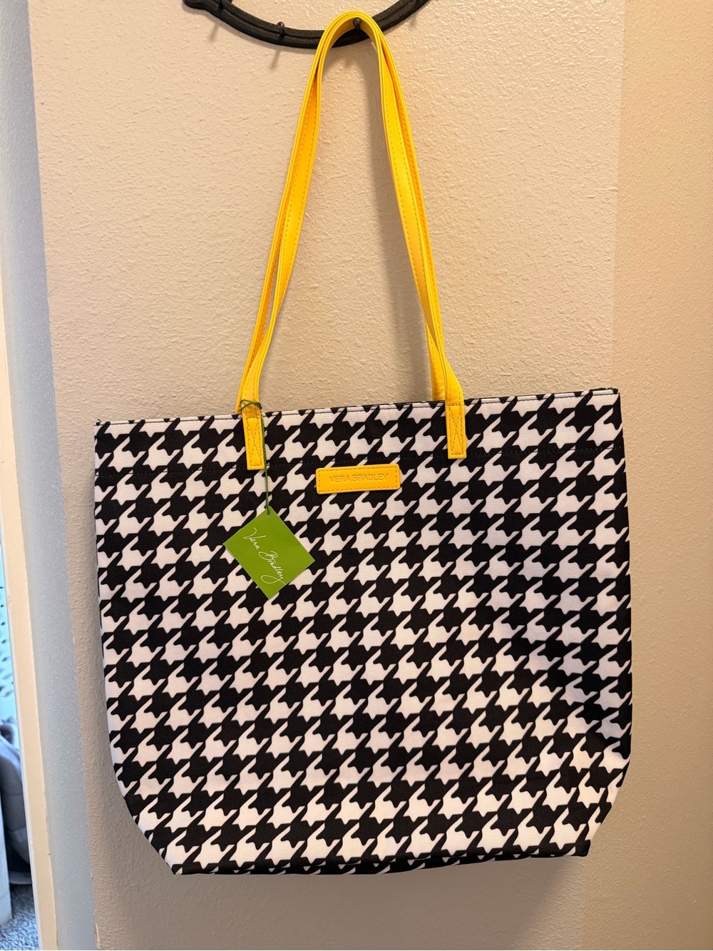 Vera Bradley Black & White Houndstooth Tote with Yellow Handles